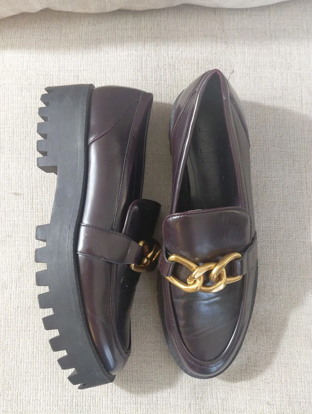 Mango Burgundy Eggplant Chunky Lug Sole Loafers with Gold Chain